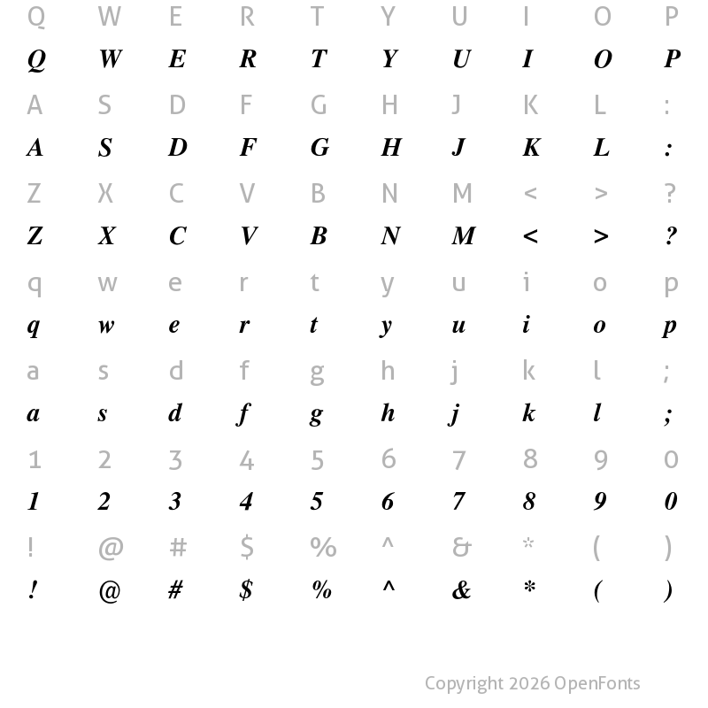 Character Map of Times Newer Roman Bold Italic