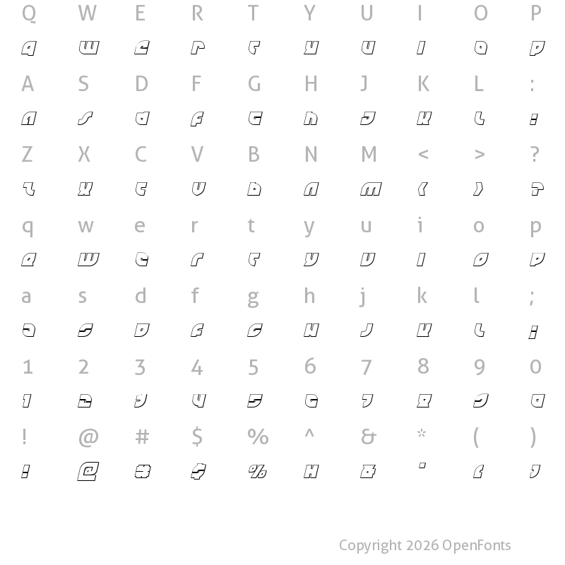 Character Map of TK-421 3D Italic Regular