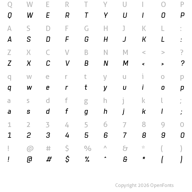 Character Map of Tomkin Regular Italic