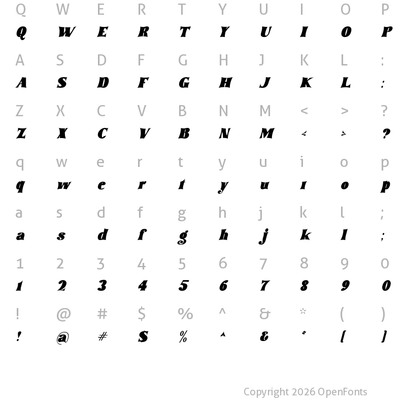 Character Map of tommy font bold Italic