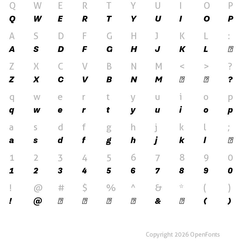 Character Map of TragicGrotesk Black-Italic-Trial