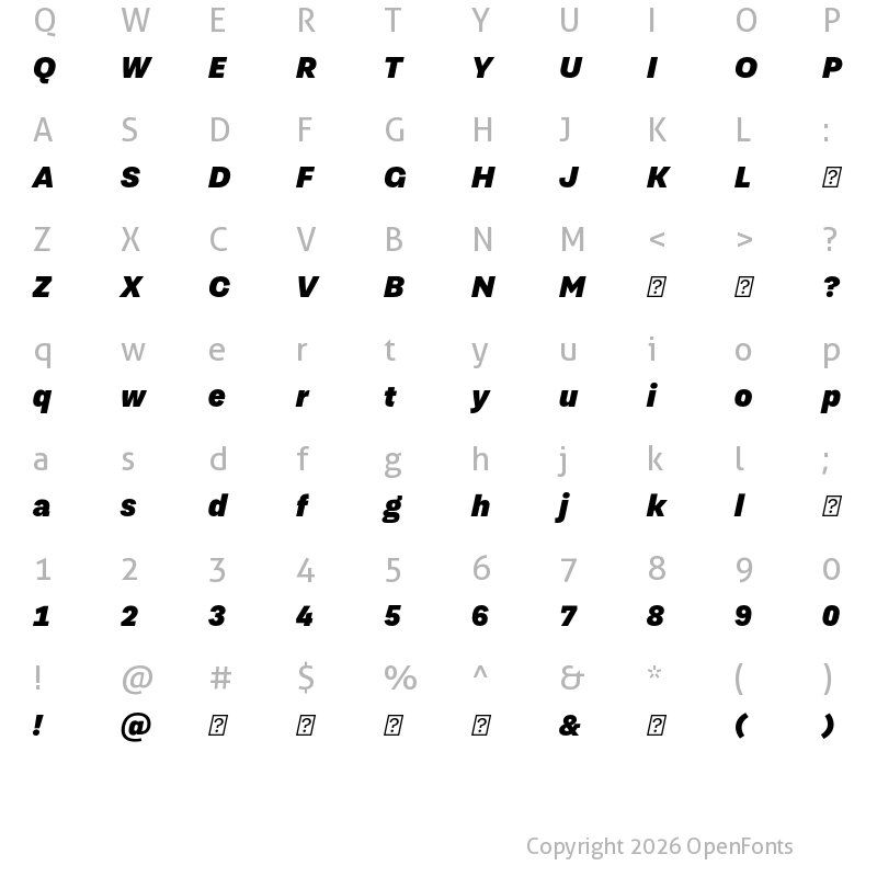 Character Map of TragicGrotesk Heavy-Italic-Trial
