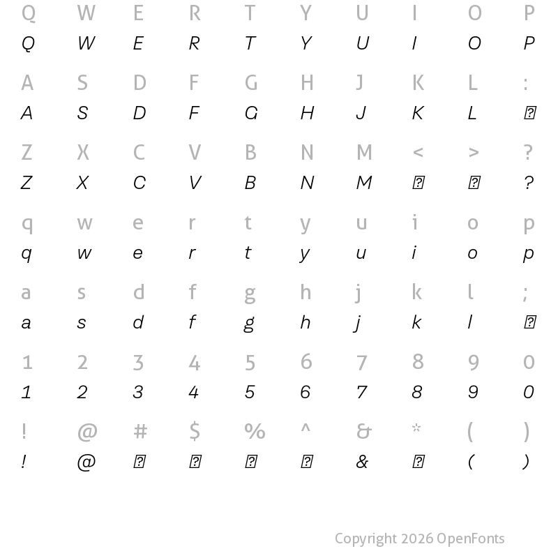 Character Map of TragicGrotesk Light-Italic-Trial