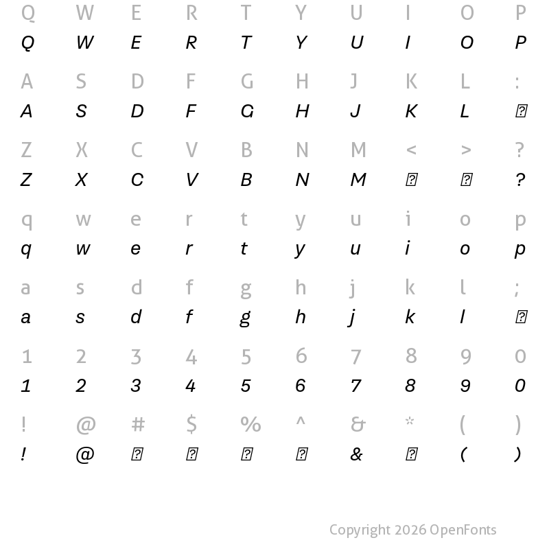 Character Map of TragicGrotesk Regular-Italic-Trial