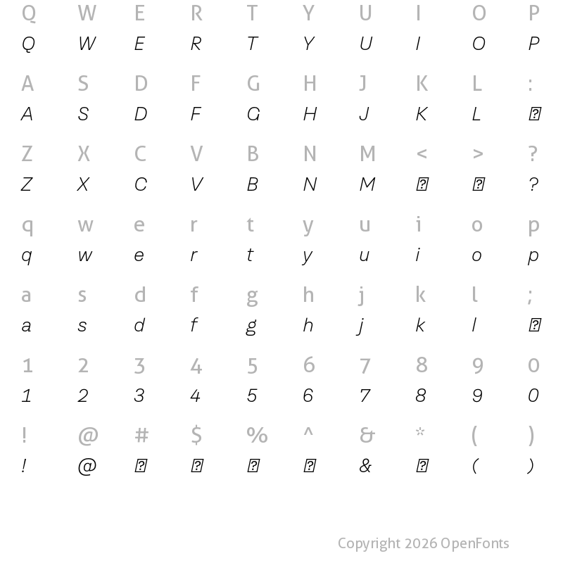 Character Map of TragicGrotesk Thin-Italic-Trial