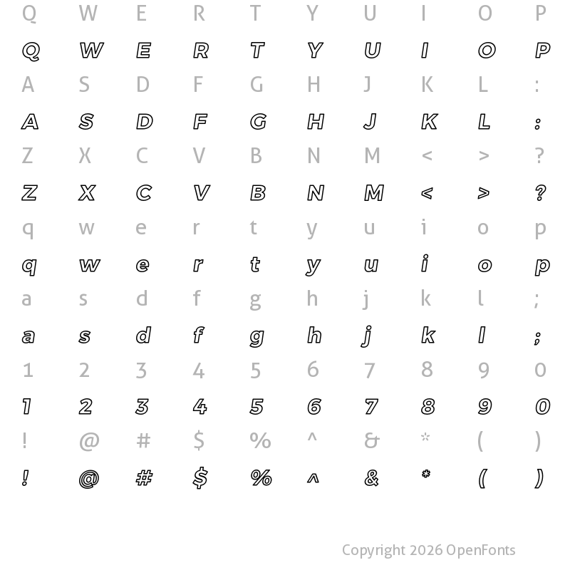 Character Map of Trueno Bold Outline Italic