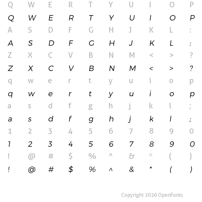 Character Map of Trueno Light Italic