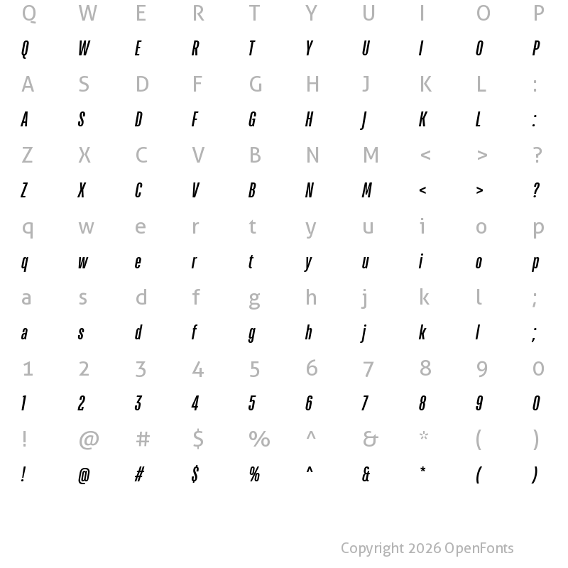 Character Map of TT Bluescreens Trial DemiBold Italic