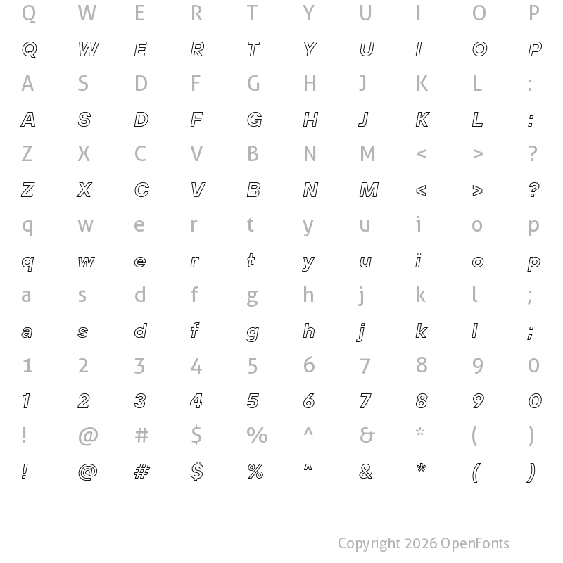 Character Map of TT Hoves Pro Bold Outline Italic