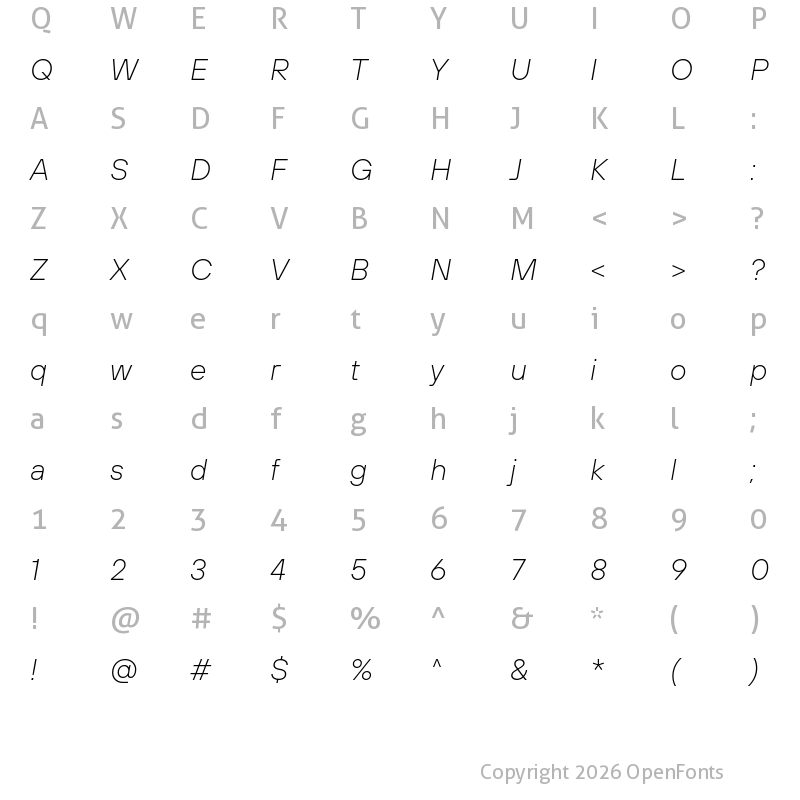 Character Map of TT Hoves Pro Trial ExtraLight Italic