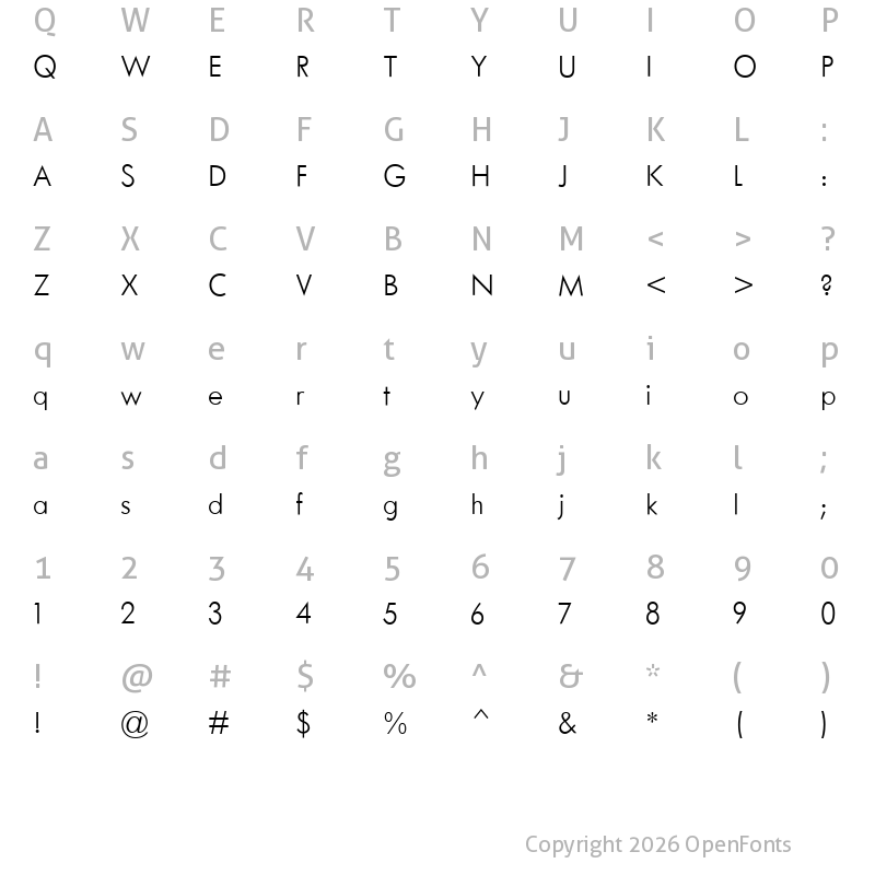 Character Map of Twentieth Century for Kenmore Light