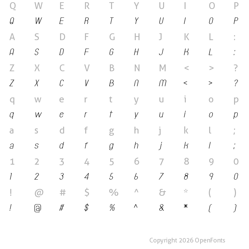 Character Map of Typeward Light Italic Italic