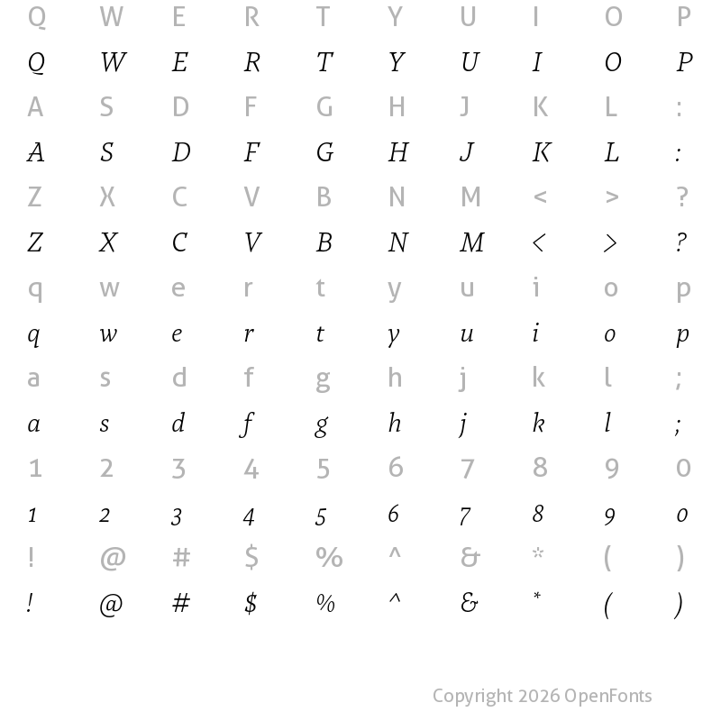 Character Map of Tzimmes Light Italic