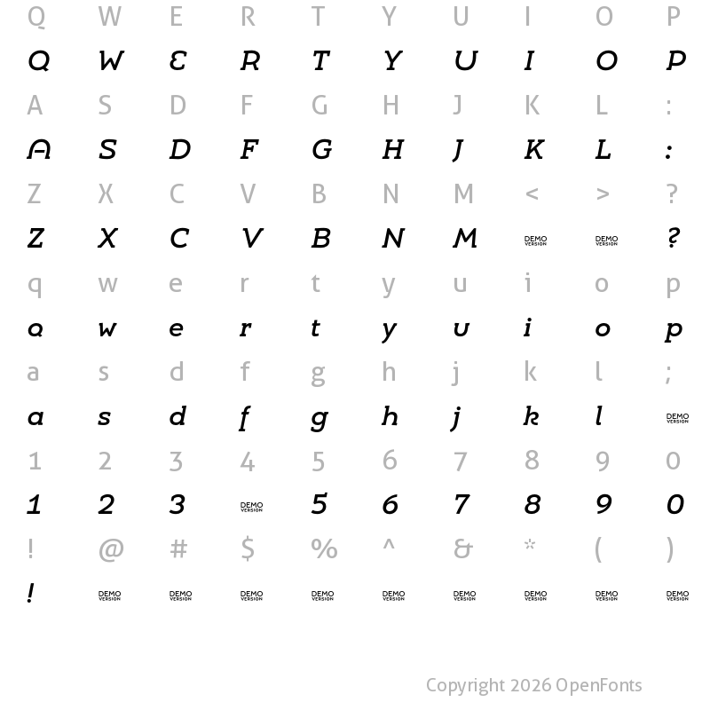 Character Map of Umba Slab Demo Alt Medium Italic
