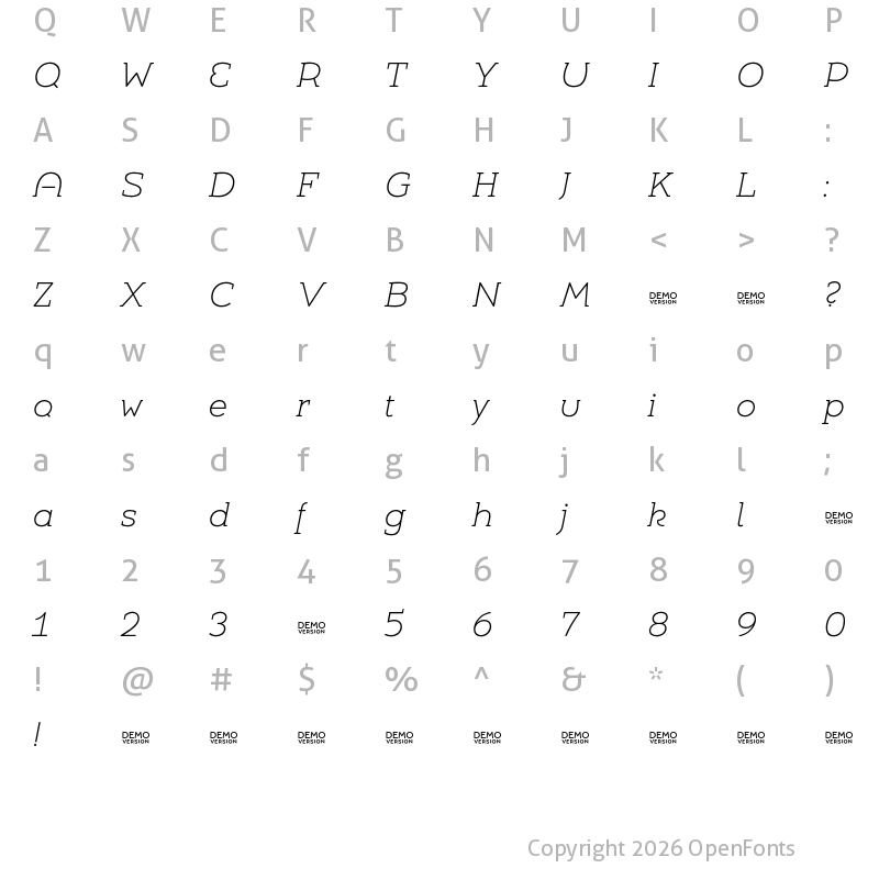 Character Map of Umba Slab Demo Alt Thin Italic