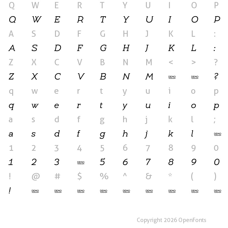 Character Map of Umba Slab Demo Italic