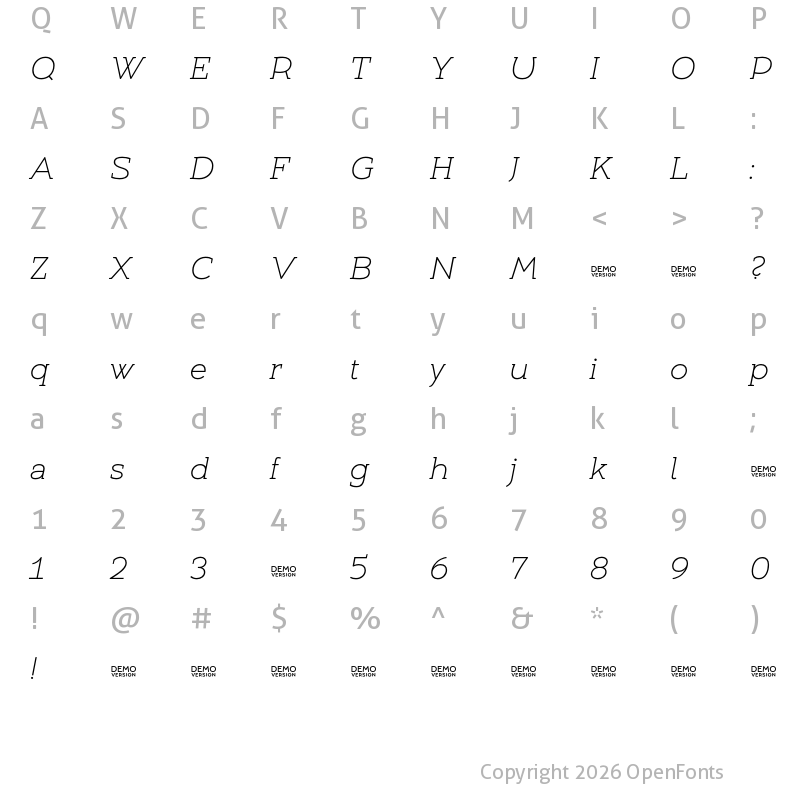 Character Map of Umba Slab Demo Thin Italic