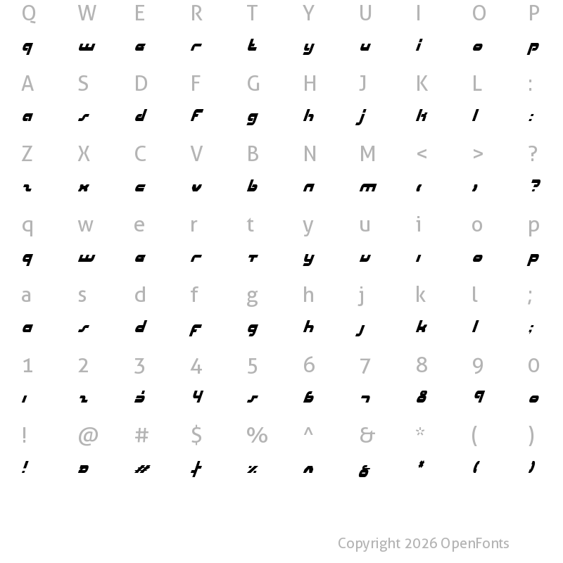 Character Map of uni-sol condensed italic condensed italic