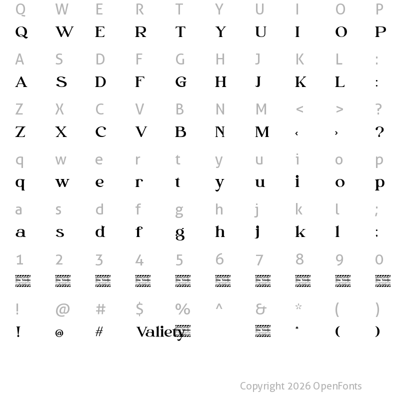 Character Map of Valiety Personal Use Regular