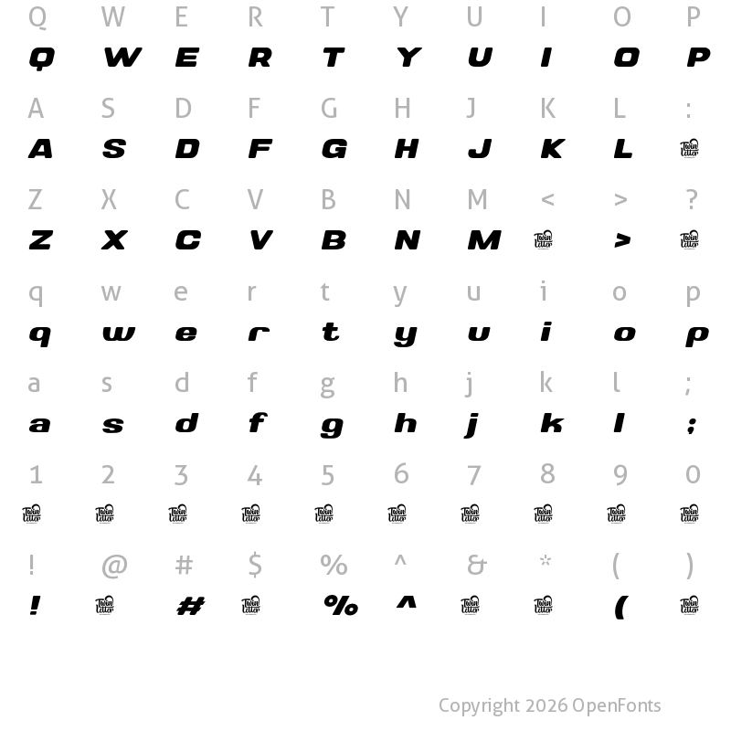 Character Map of Valonik Personal Use Bold Slanted