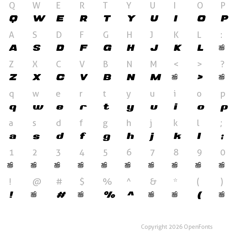 Character Map of Valonik Personal Use Extra Bold Slanted