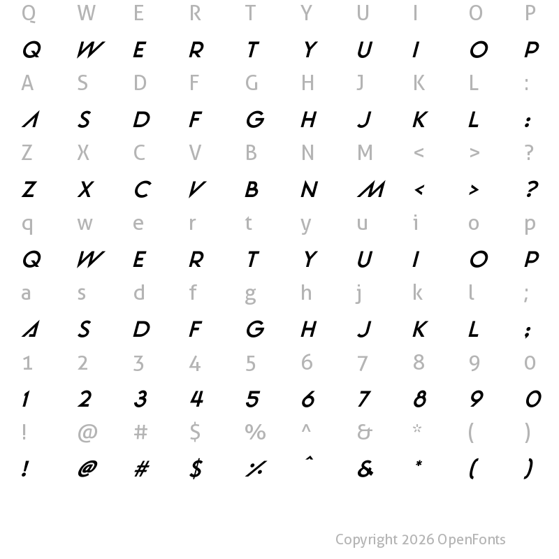 Character Map of Vanilla Wave Italic