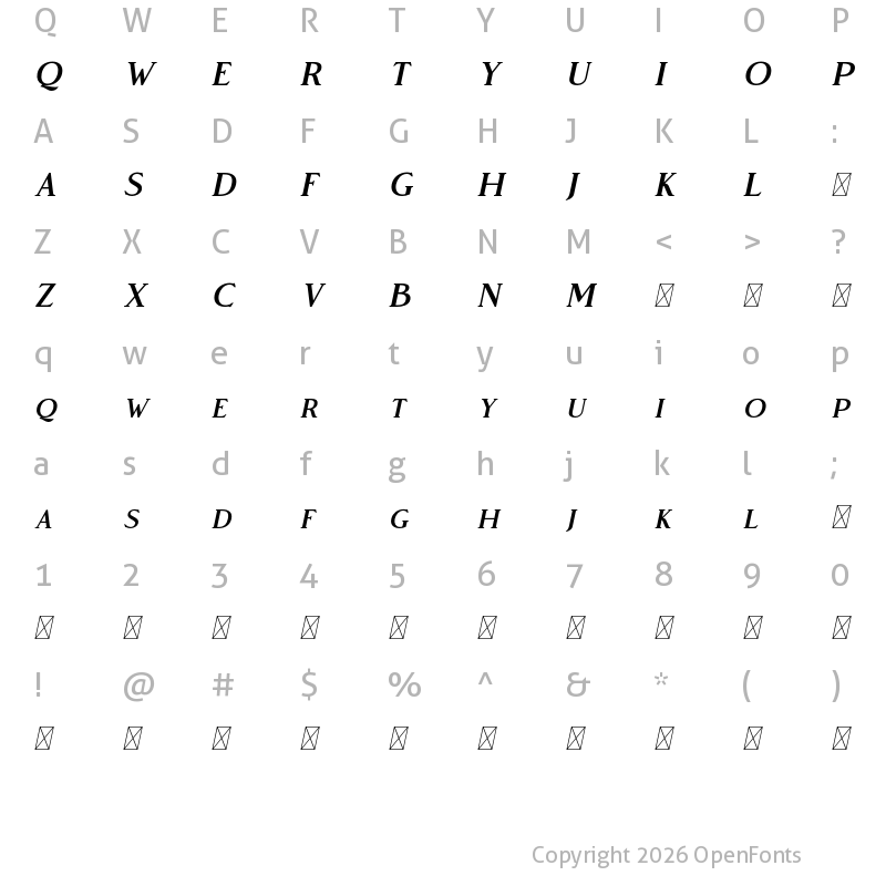Character Map of Vendeur Free Italic