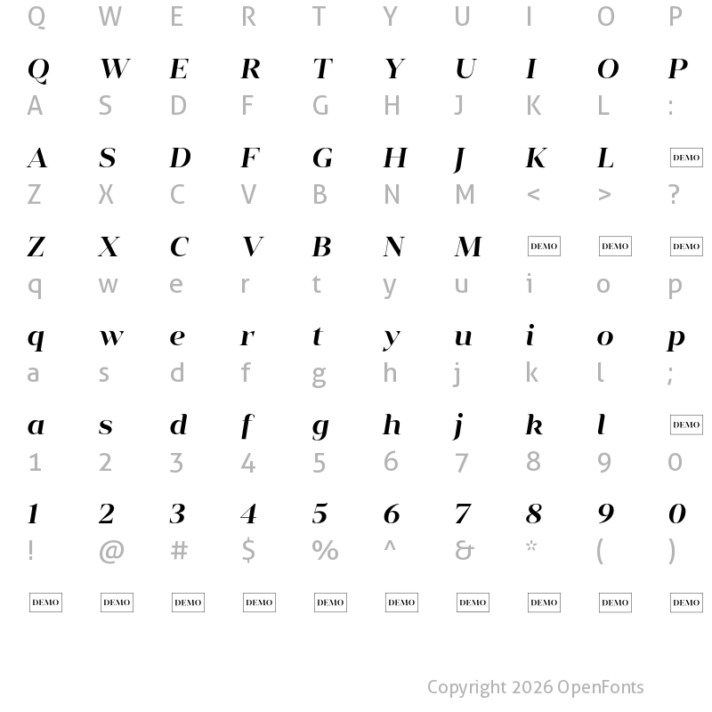 Character Map of Vendura SemiBoldItalicDemo