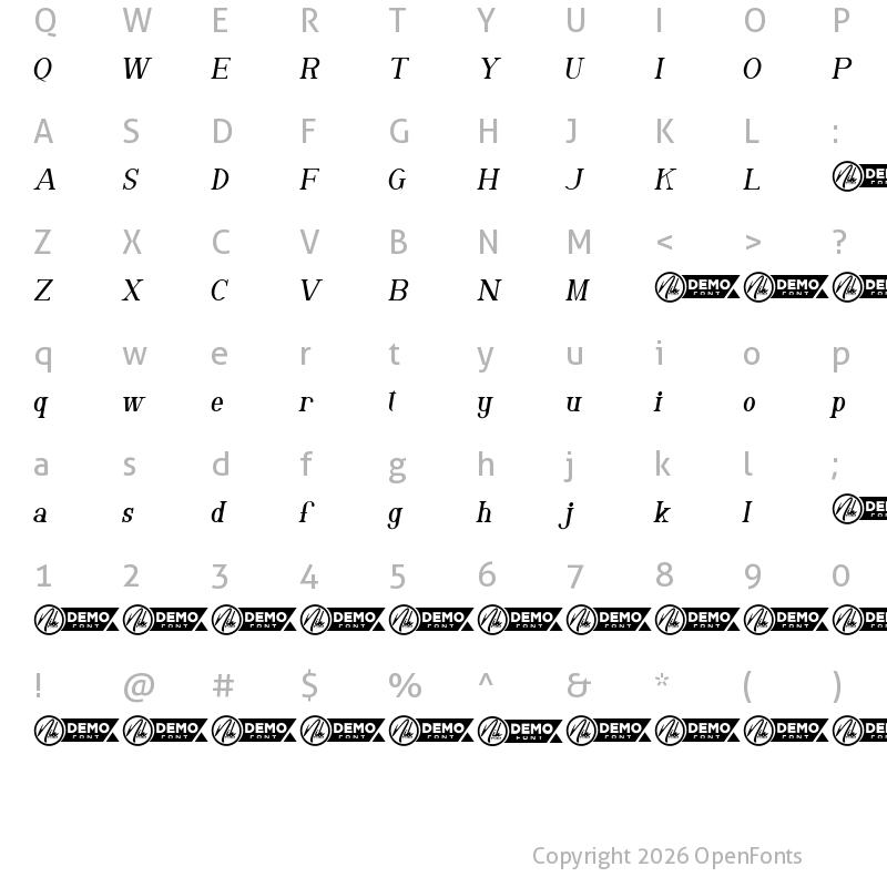 Character Map of Vergas Demo Italic