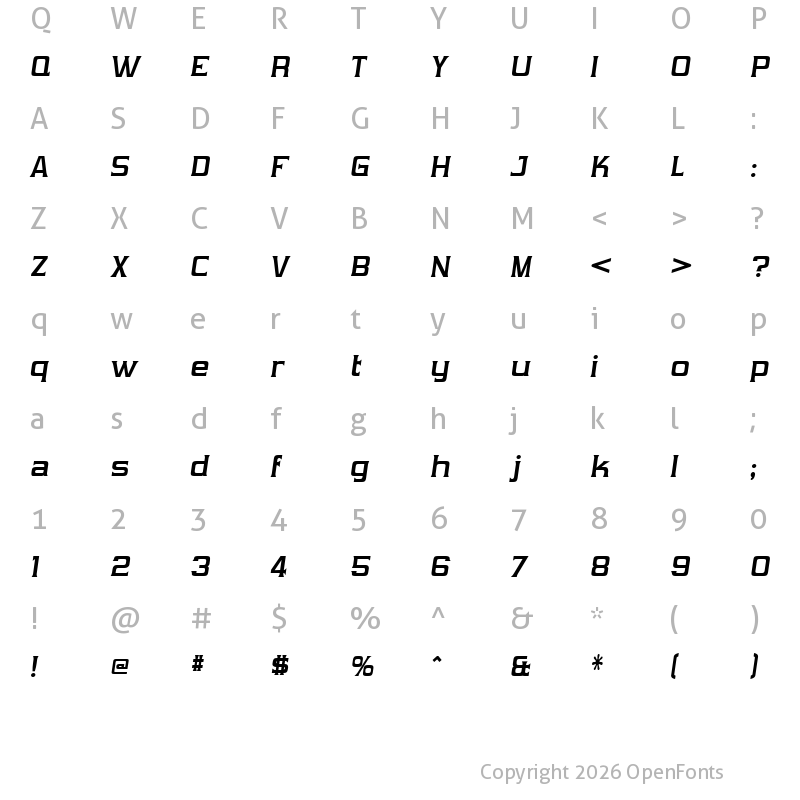 Character Map of Vibrocentric Bold Italic