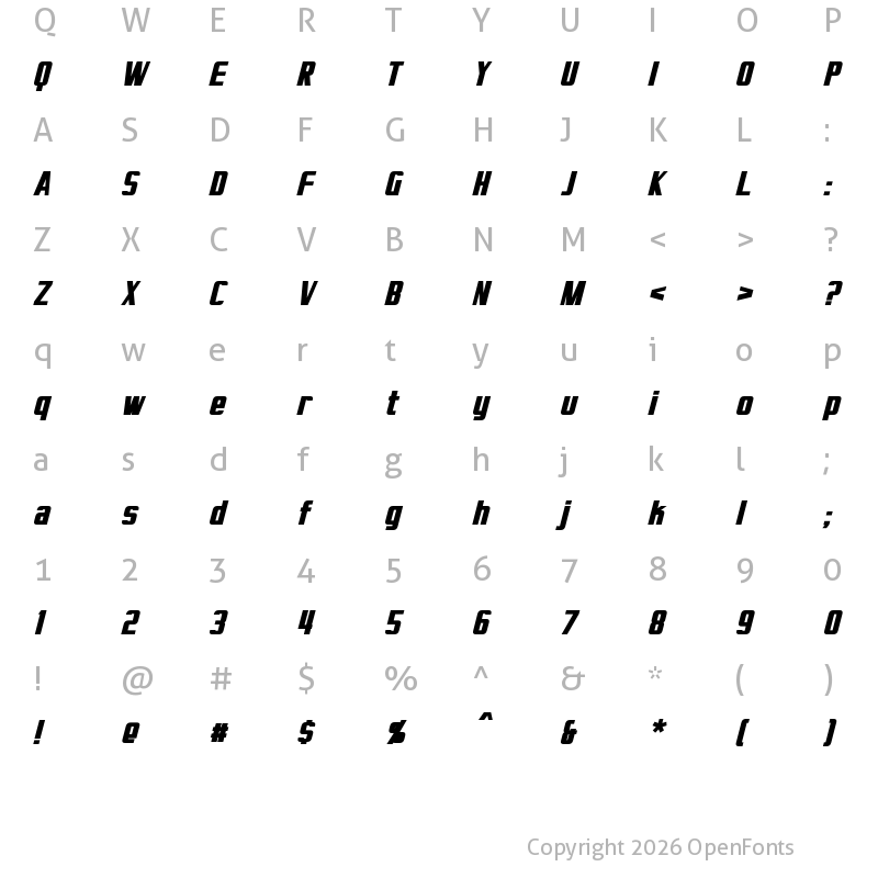 Character Map of Virtucorp Bold Italic