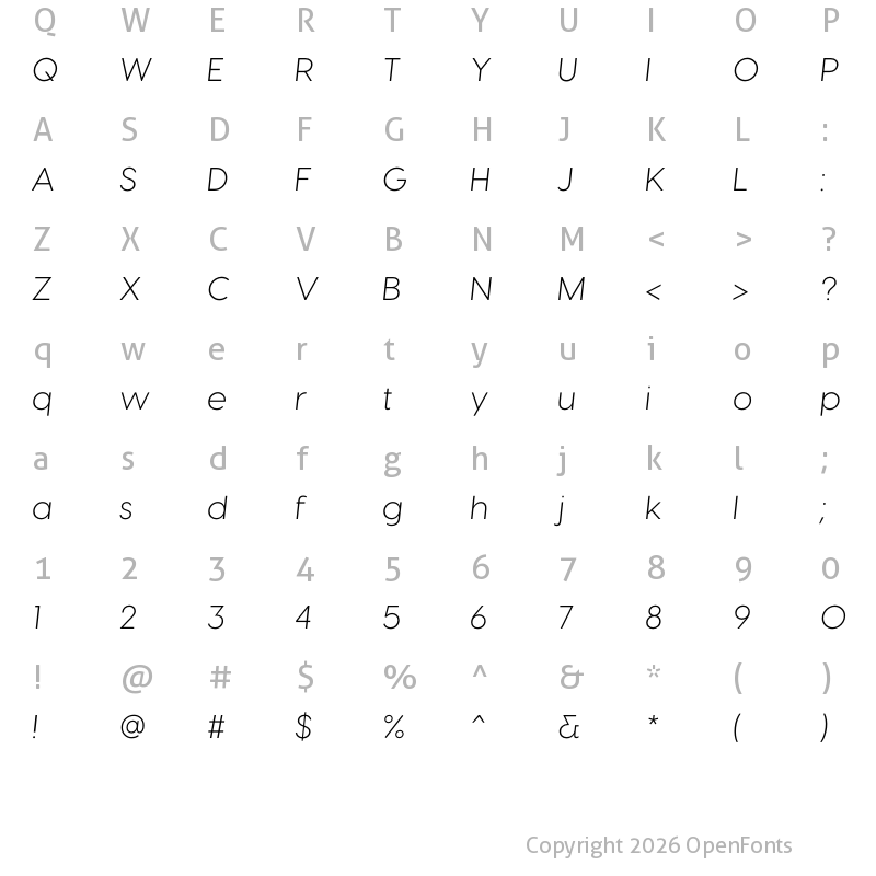 Character Map of Visby Light Italic