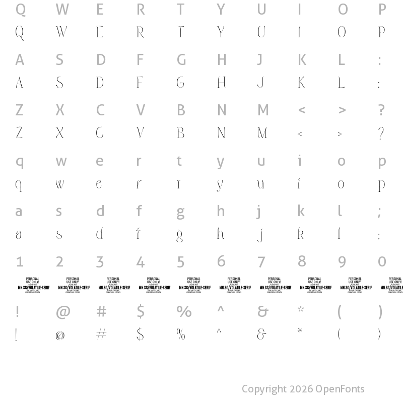 Character Map of Volatile Serif PERSONAL USE Regular