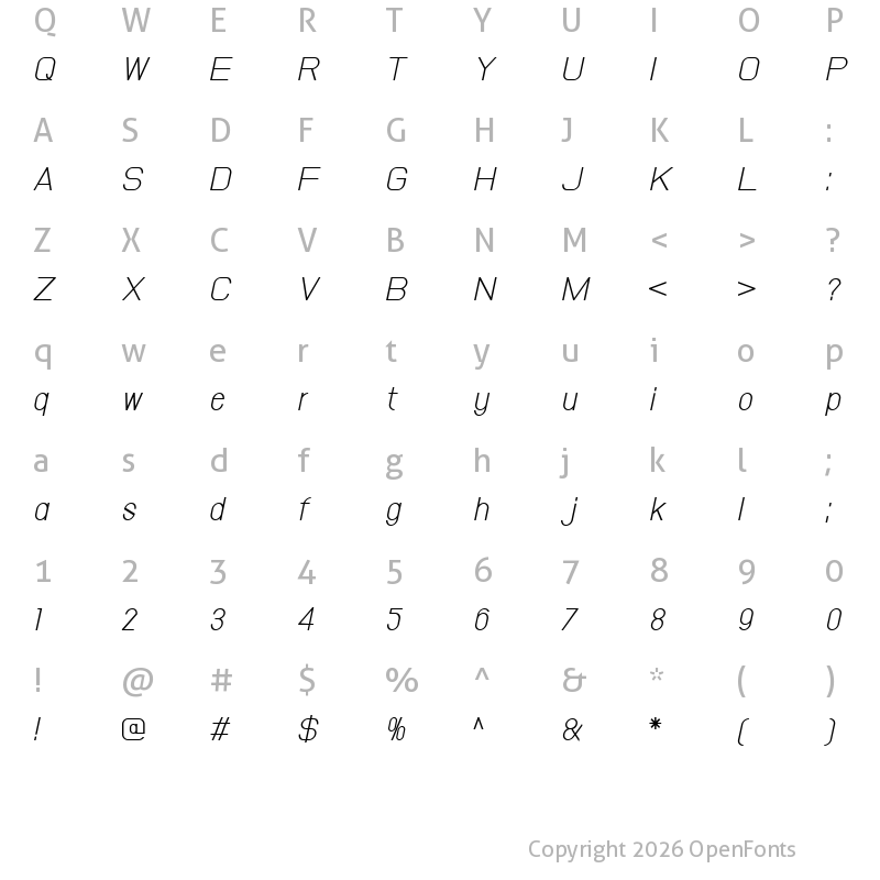Character Map of Volpedo Light Italic Italic