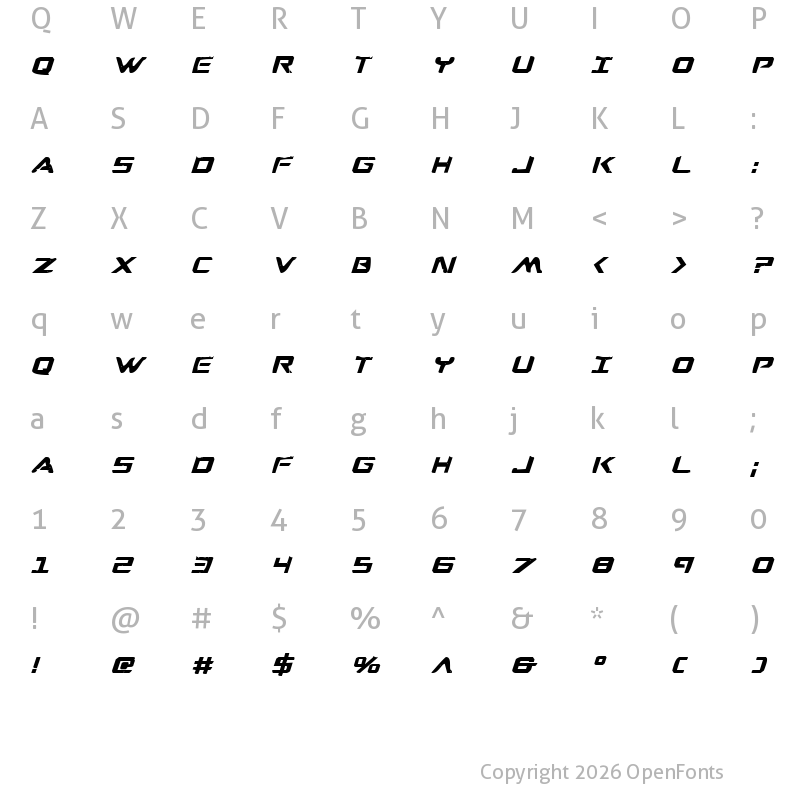 Character Map of War Eagle Bold Italic Bold Italic
