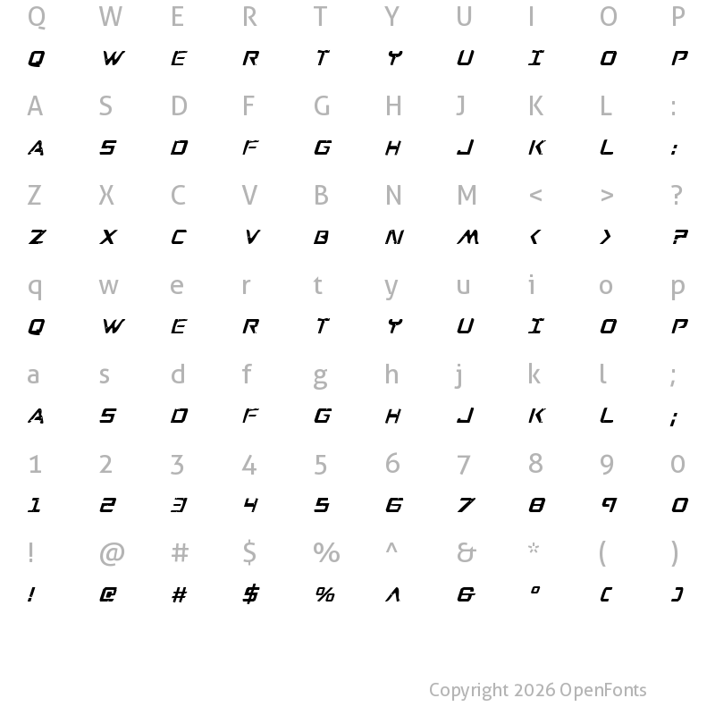 Character Map of War Eagle Condensed Condensed Italic