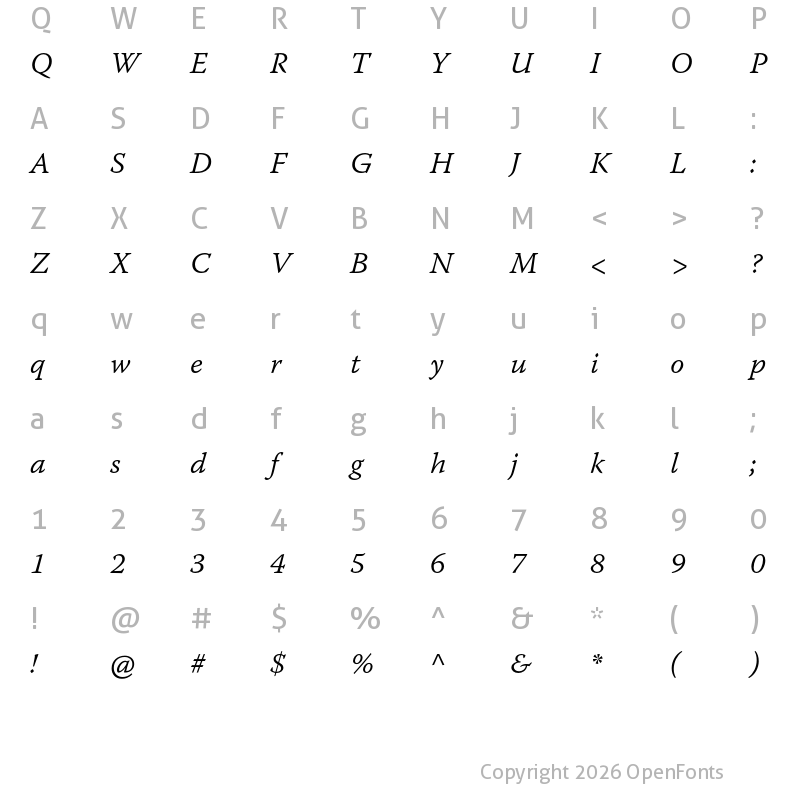Character Map of Warnock Pro Caption Light Italic