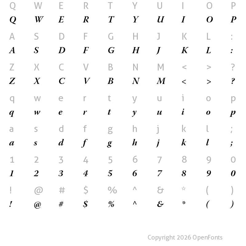 Character Map of Warnock Pro Subhead Bold Italic