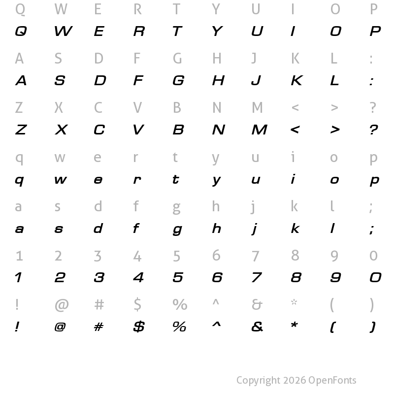 Character Map of Waukegan LDO Extended Bold Oblique