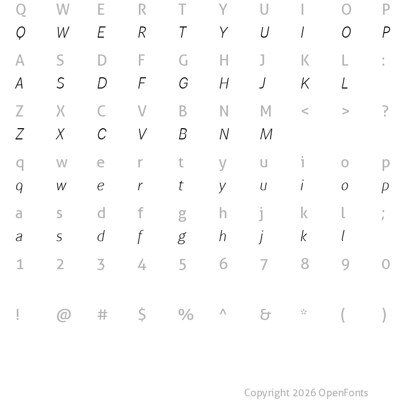 Character Map of Wendelin Reduced 46 Leicht Kursiv