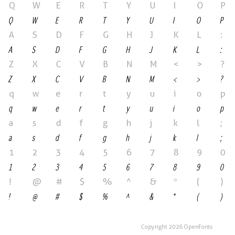 Character Map of WinterthurCondensed Italic