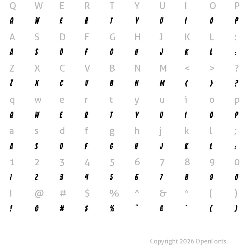 Character Map of Wolf Brothers Staggered Italic Italic