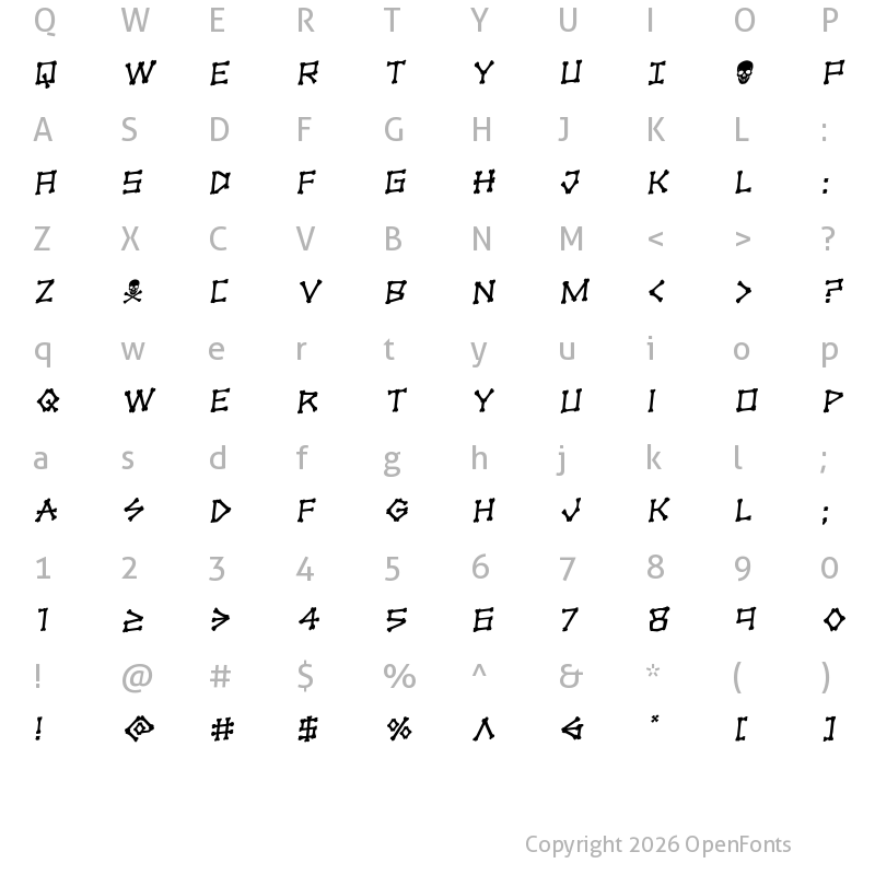 Character Map of xBONES Rotalic Italic