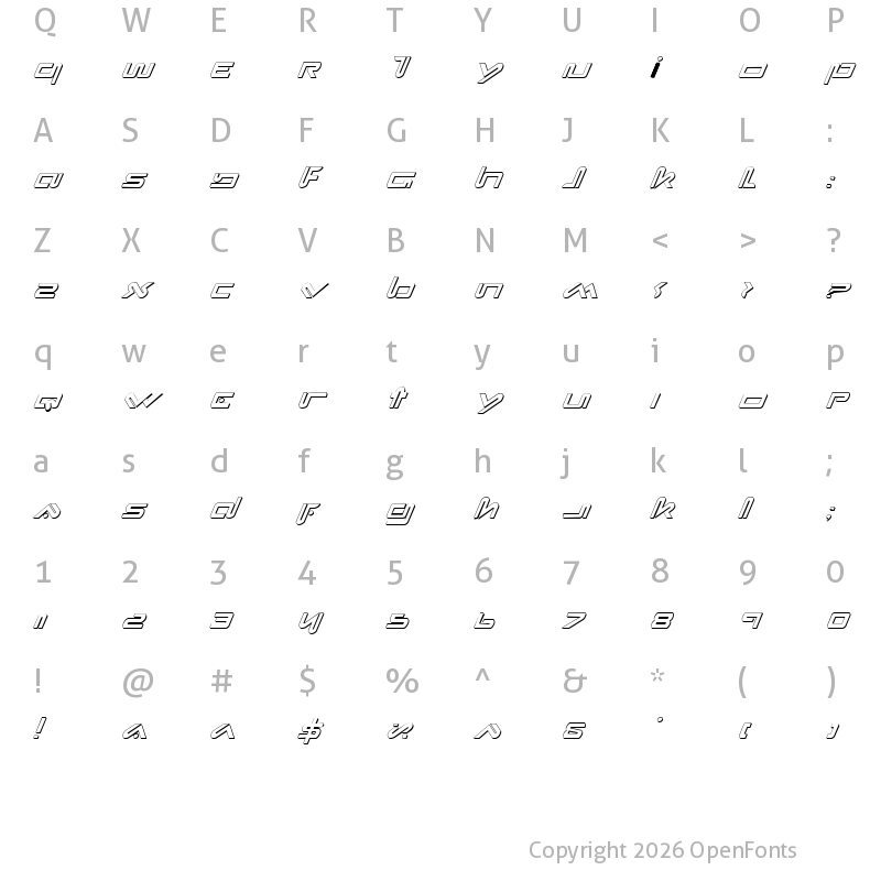 Character Map of Xephyr Shadow Italic Shadow Italic