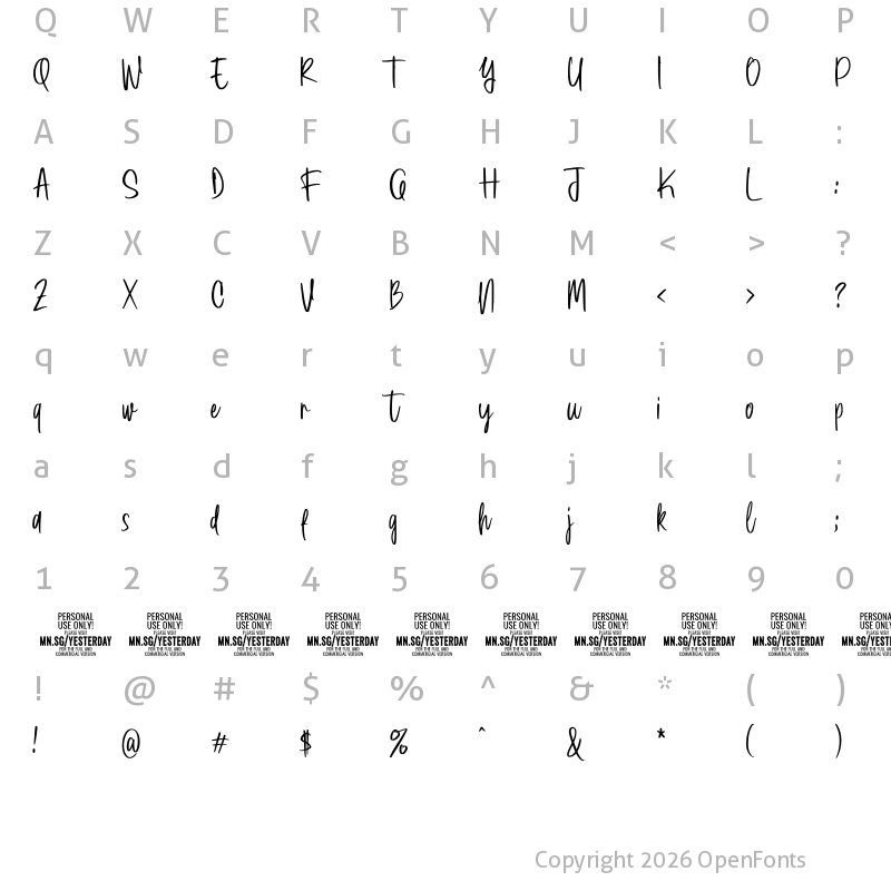 Character Map of Yesterday Night PERSONAL Regular