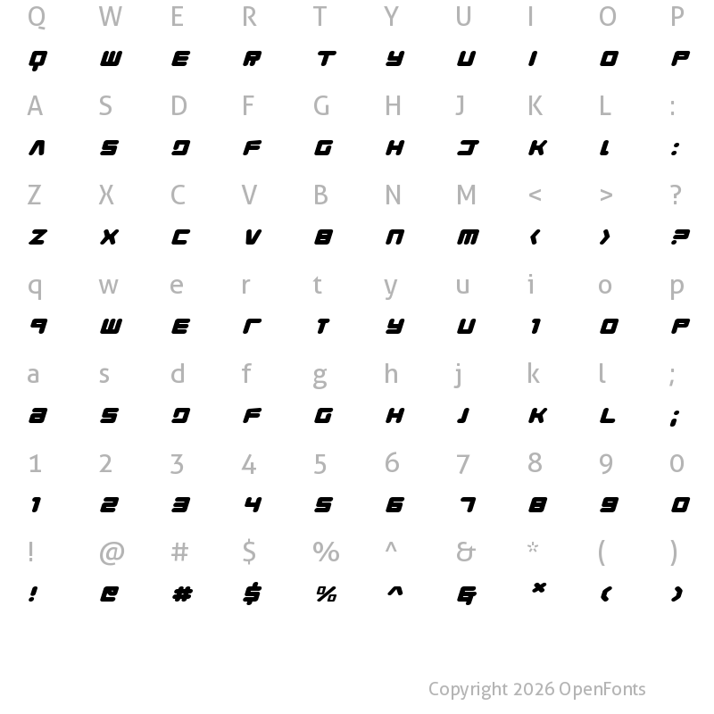 Character Map of Young Techs Expanded Italic talic