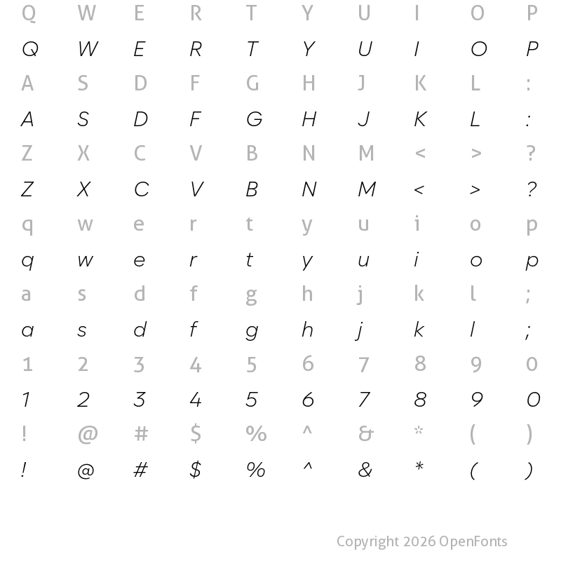 Character Map of Zabal DEMO Light Italic