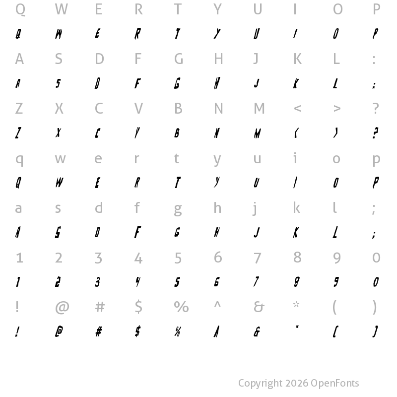 Character Map of Zakenstein Condensed Italic Condensed Italic