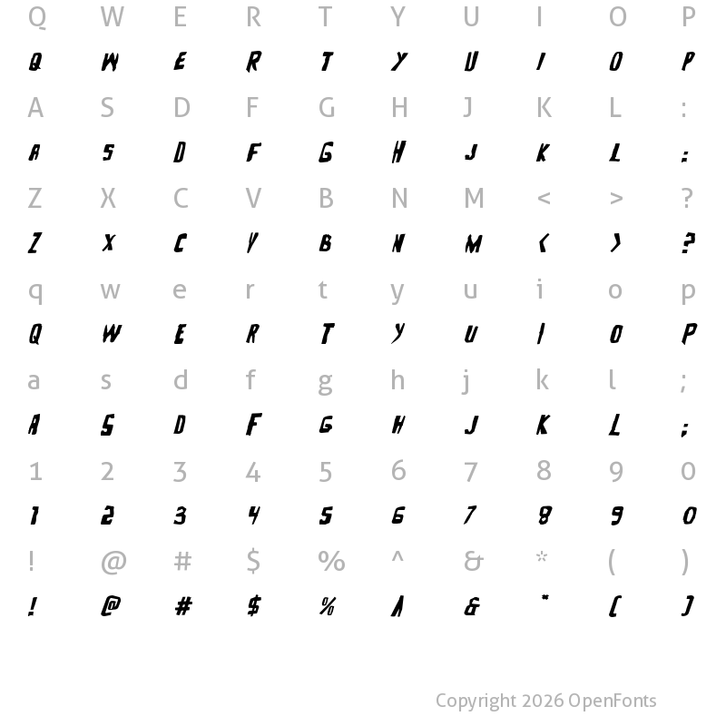 Character Map of Zakenstein Expanded Italic Expanded Italic