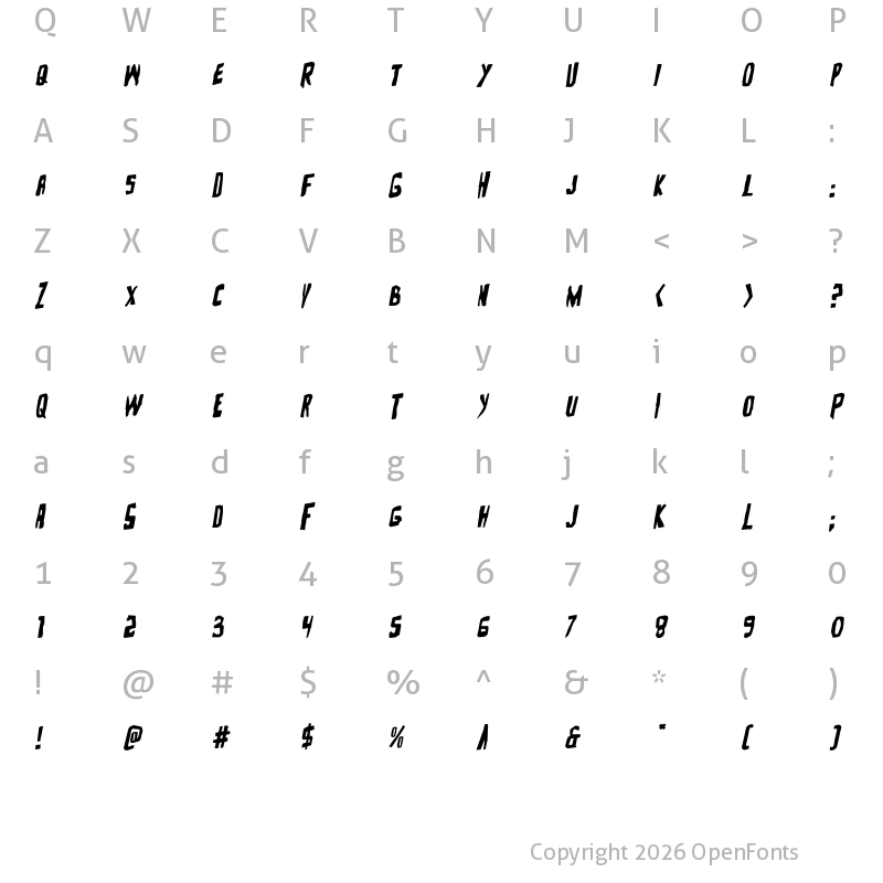 Character Map of Zakenstein Rotalic Italic